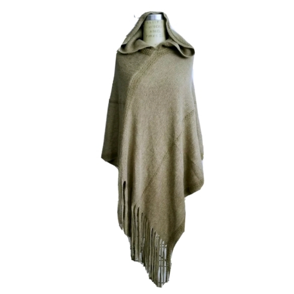 NEW Khaki Long Asymmetric Poncho w/ Hood, 1 sz - Picture 10 of 10